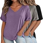 Huukeay 3 Pack Women's Oversized T Shirts, V Neck Loose Fit Rolled Sleeves Tops Shirts Summer Half Sleeves Tee(Black, Light Mixed Gray, Purple, X-Large)