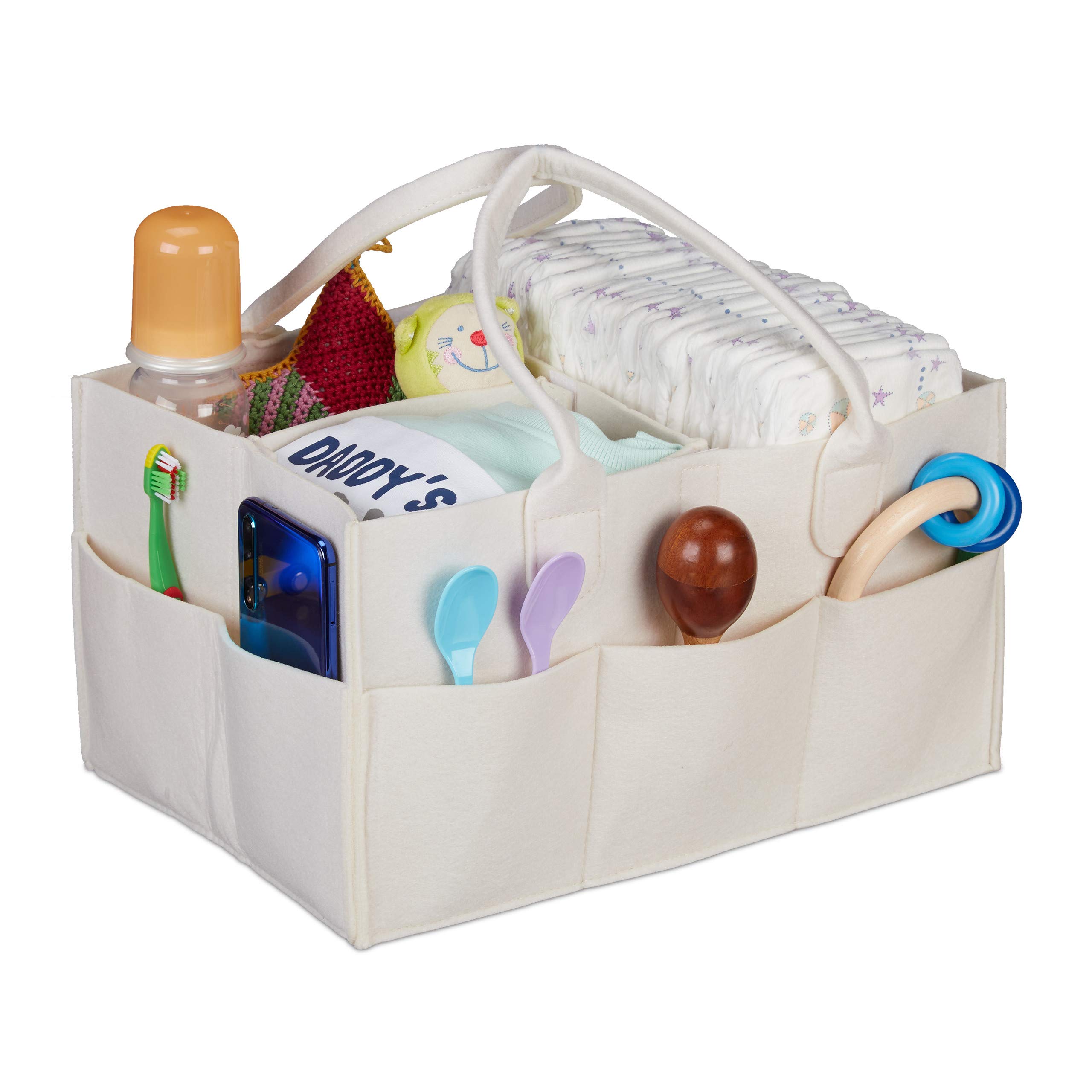 Relaxdays Baby Diaper Caddy, 11 Compartments, Removable Dividers, Portable Felt Bag, H x W x D: 34 x 33 x 23 cm, Beige
