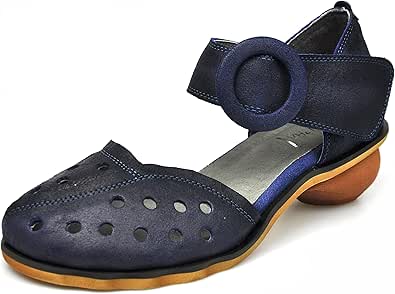 Amazon.com | CUNZHAI Women's Genuine Leather Round Toe Ankle Strap Velcro Closure Hollow Out Low 