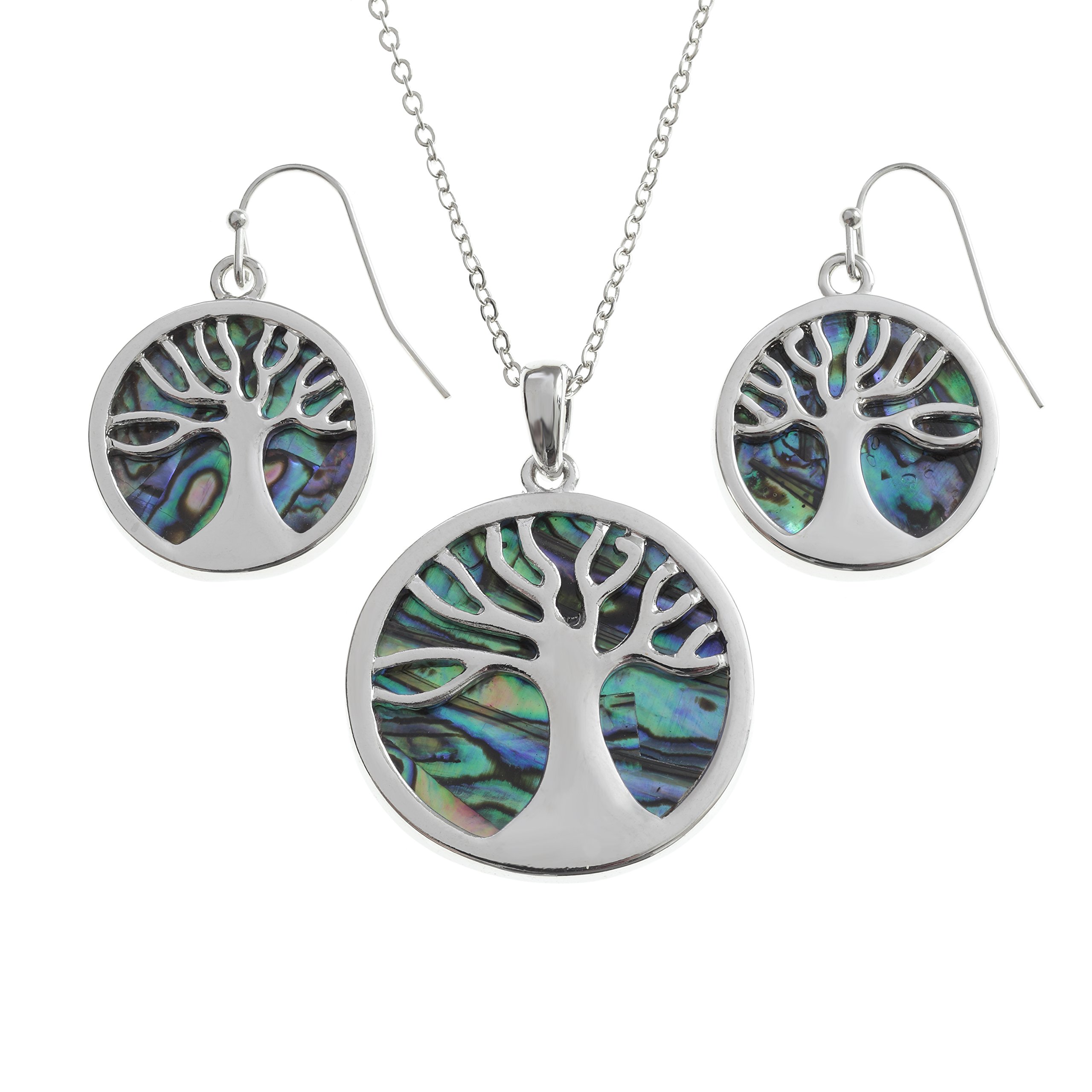 Kiara Jewellery Boxed Set of Reversible Celtic Tree Of Life Pendant on 18" Trace Chain Inlaid Both Sides With Bluish Green Paua Abalone Shell With Matching Hypoallergenic Earrings. Rhodium Plated.