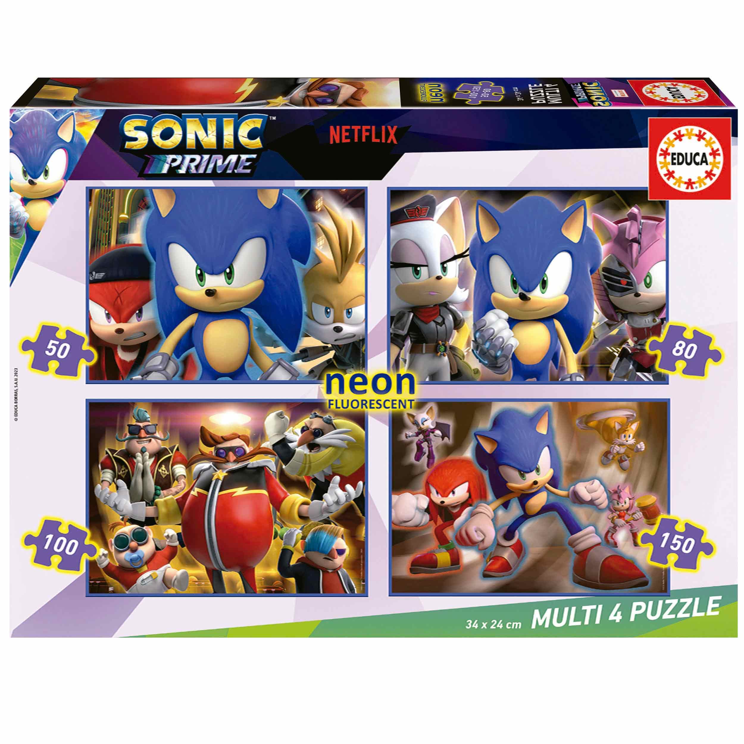 Educa 19631 Multi 4 Jigsaw Puzzles Sonic Prime 50+80+100+150 Neon, Assorted, 34 x 24 cm