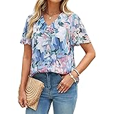 Simplee Womens Summer Floral Blouse Dressy Casual Chiffon Short Sleeve Boho Tops Ruffle V Neck Tops 2026 Trendy Shirt Clothes
