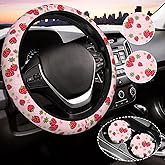 Pink Strawberry Steering Wheel Cover for Women, Universal Auto Steering Wheel 14-15 Inch Car Interior Accessories with 2PCS Car Coasters, Suitable for Men and Women (Pink Strawberry, one Size)