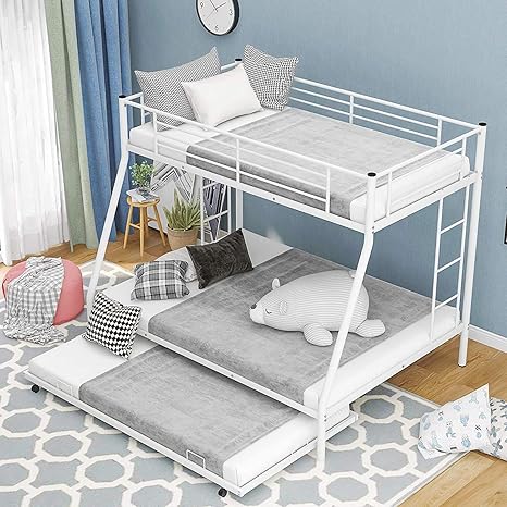 Amazon Com Twin Over Full Bunk Beds With Trundle For Kids Metal Trundle Bed Frame With Safety Rails And Ladder For Bedroom White Kitchen Dining