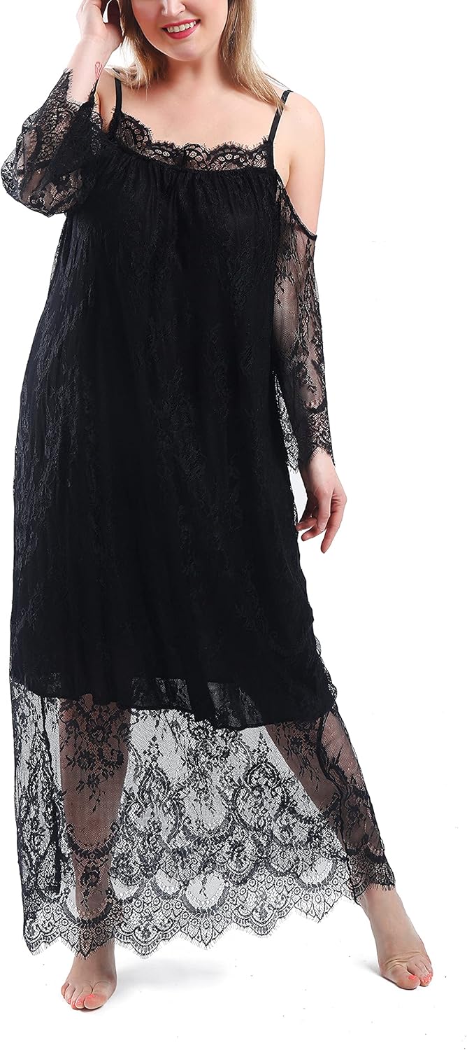 FEREMO Plus Size Nightgowns, Long Lace Nightdress, Elegant Lace Sling