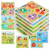 Wooden Peg Puzzles for Toddlers, 6 Pack Wooden Jigsaw Set for Kids