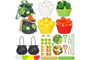 Cinrobiye 264 Pcs St. Patrick’s Day Sensory Bin Fillers Irish Green Activity Filler Set with Pompoms Shamrock Cauldron Tweeze