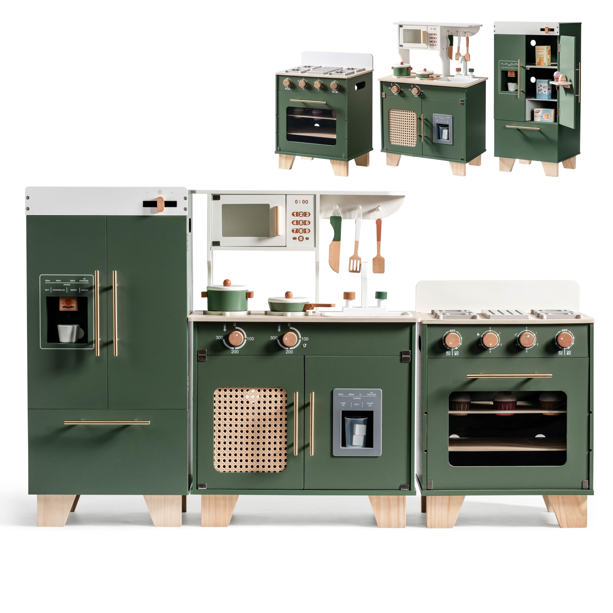 ROBOTIME Wooden Kids Kitchen Playset Series, 3-in-1 Pretend Play Toy Kitchen with Fridge, Oven, Sink, All-in-1 Realistic Cooking Toy Appliance for Toddlers Aged 3+ (Vintage Green)