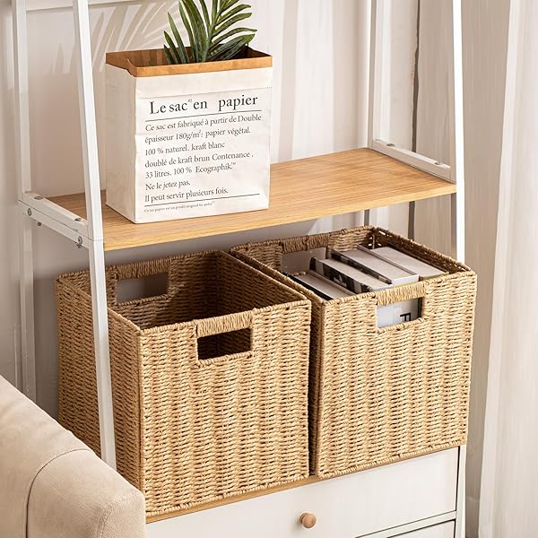 FOLDABLE STORAGE BASKETS WITH HANDLES PAPER ROPE STORAGE BASKETS RECTANGLE COLLAPSIBLE HAND WOVEN STORAGE CUBES BINS FOR ORGANIZING SHELVES LIVING ROOM BEDROOM PANTRY (4, 13” X 13” X 13”)