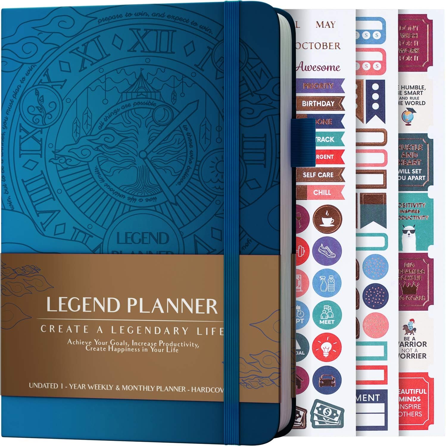 Legend Planner – Deluxe Weekly & Monthly Life Planner to Hit Your Goals & Live Happier. Organizer Notebook & Productivity Journal. A5 Hardcover, Undated – Start Any Time + Stickers – Mystic Blue
