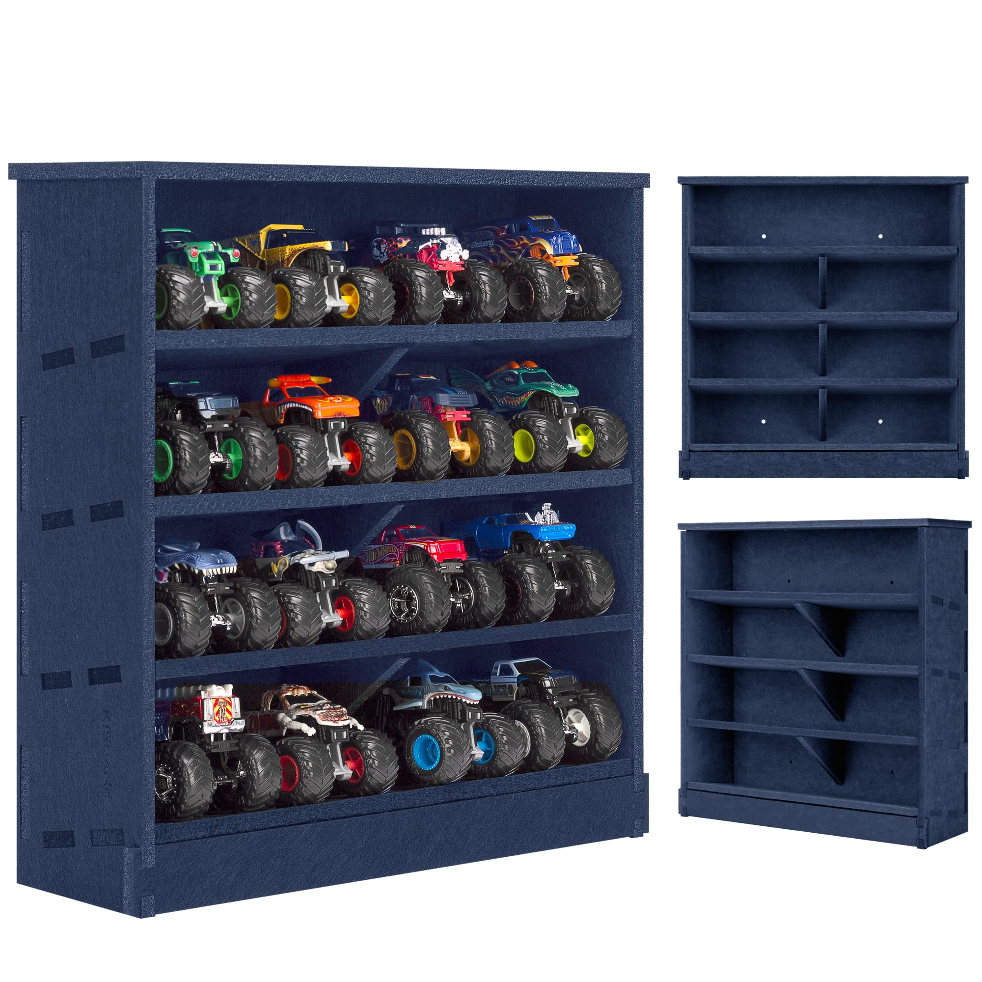 Photo 1 of Felt Monster Trucks Display Case, Wall-Mounted Display Case Fit for Monster Trucks, 16 Slots Monster Trucks Storage Case, Groove Fixation Toy Truck Container Holder (Blue- New Version)