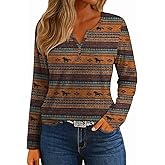 IWOLLENCE Womens Long Sleeve Aztec Western T Shirts Vintage Geometry Graphic Henley Tops Casual Button Down Blouse