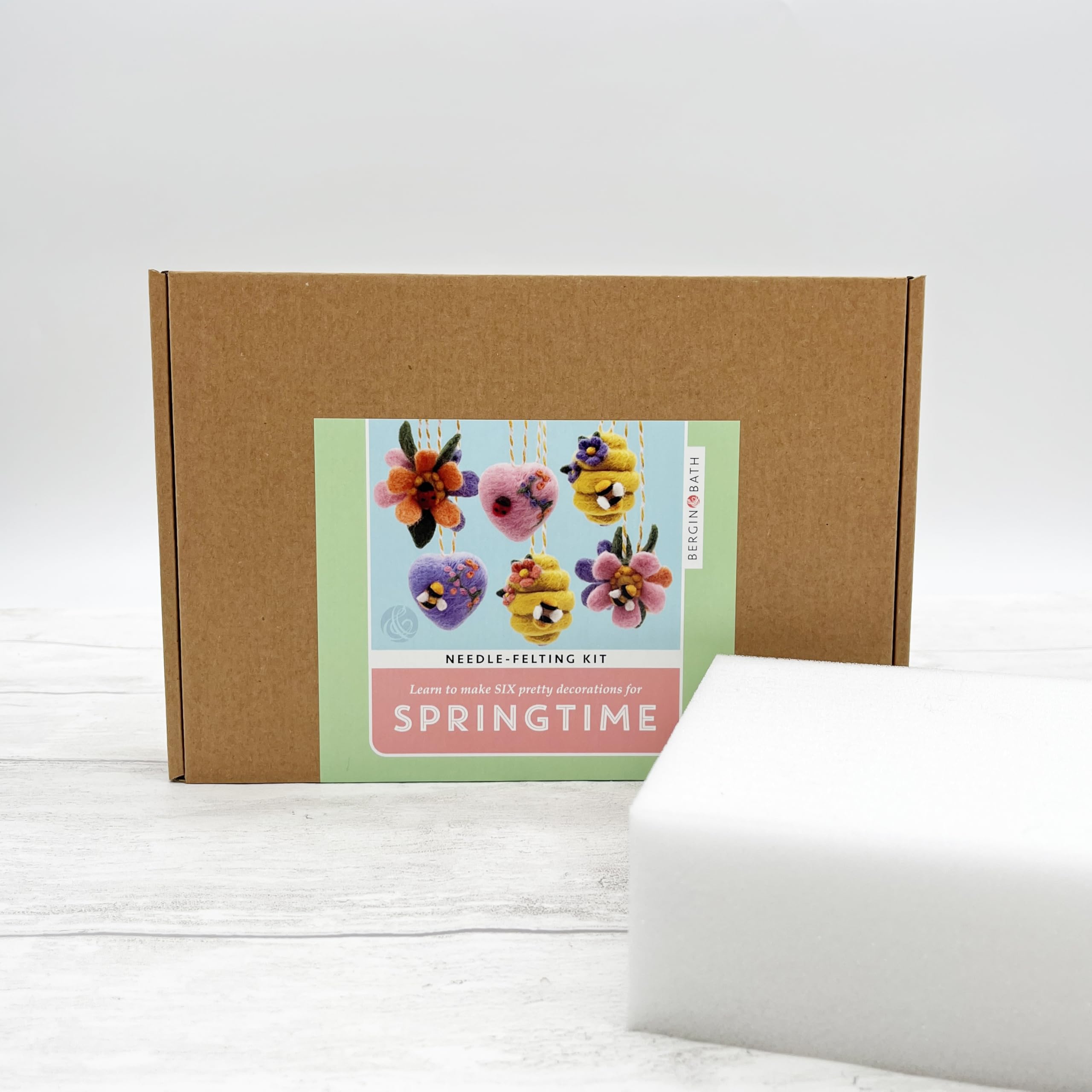 Bergin & Bath Needle Felting Kit - Springtime, Learn to Make a Set of Decorations for Easter. Craft kit for Adults (with Felting Mat)
