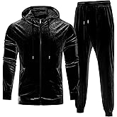 LecGee Men's 2 Piece Velvet Tracksuit Full Zip Turtleneck Hooded Jacket and Casual Jogger Pants Matching Velour Sweatsuit Set