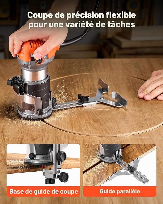 Affleureuse 710 W Défonceuse Compacte 6 Vitesses Variables pour Travail du Bois, Finition, Bricolage, avec Démarrage Progressif, Base Fixe, Capot d'Aspiration Poussière, Guide Parallèle, Filaire