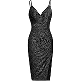 oten Women's Sexy Sparkle Dresses V Neck Spaghetti Straps Ruched Slit Bodycon Cocktail Party Midi Dress