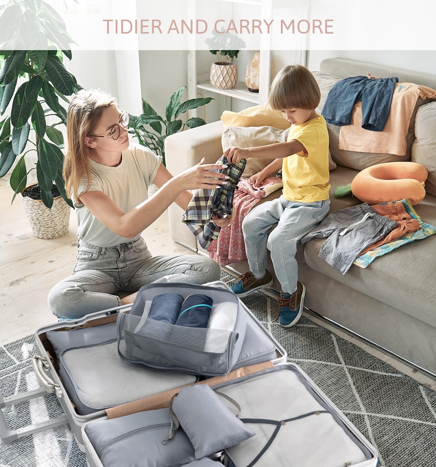 Meowoo 8-teilig Koffer Organizer Set, Packing Cubes, Packwürfel für Urlaub & Business, Reise Organizer mit Kleidertaschen, Gepäck Aufbewahrung Taschen, Ordnungssystem für Koffer (Grau) 7