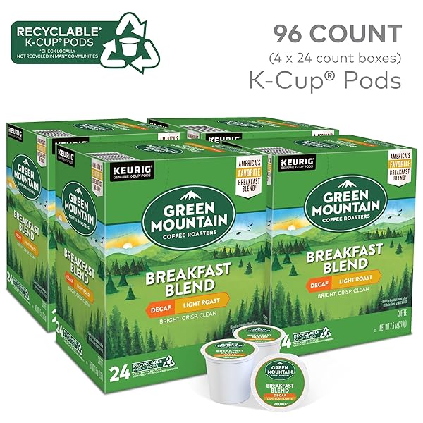 GREEN MOUNTAIN COFFEE ROASTERS BREAKFAST BLEND DECAF COFFEE, KEURIG SINGLE SERVE K-CUP PODS, LIGHT ROAST, 24 COUNT