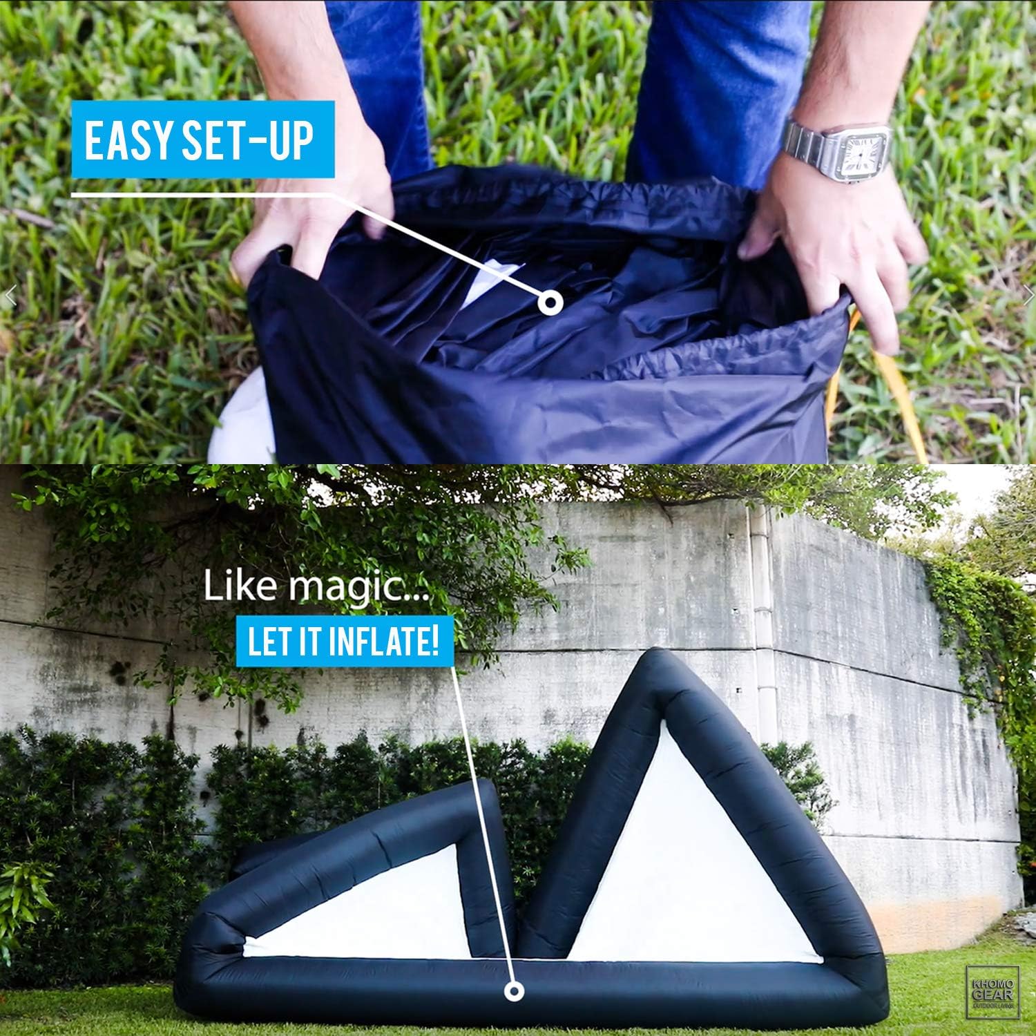 KHOMO GEAR Jumbo 20 Feet Inflatable Outdoor and Indoor Theater Projector Screen - Includes Inflation Fan, Tie-Downs and Storage Bag - Supports Front and Rear Projection, Black (GER-1161): Electronics