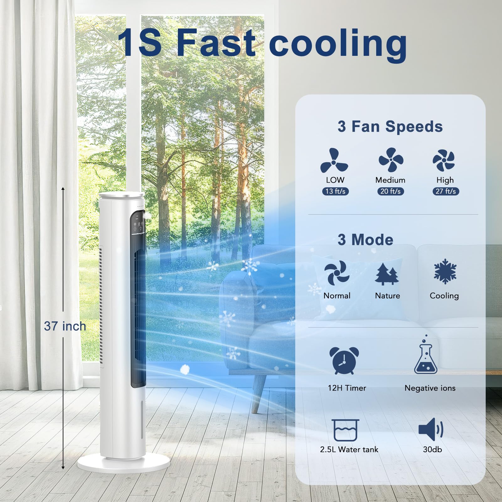 Windowless Portable Air Conditioner Ac Unit with Remote,37” Ventless Evaporative Air Cooler,Quiet Swamp Cooler for 4 Modes, Ductless Tower Fan For 12H Timer, Ice Packs for home Bedroom Indoor White