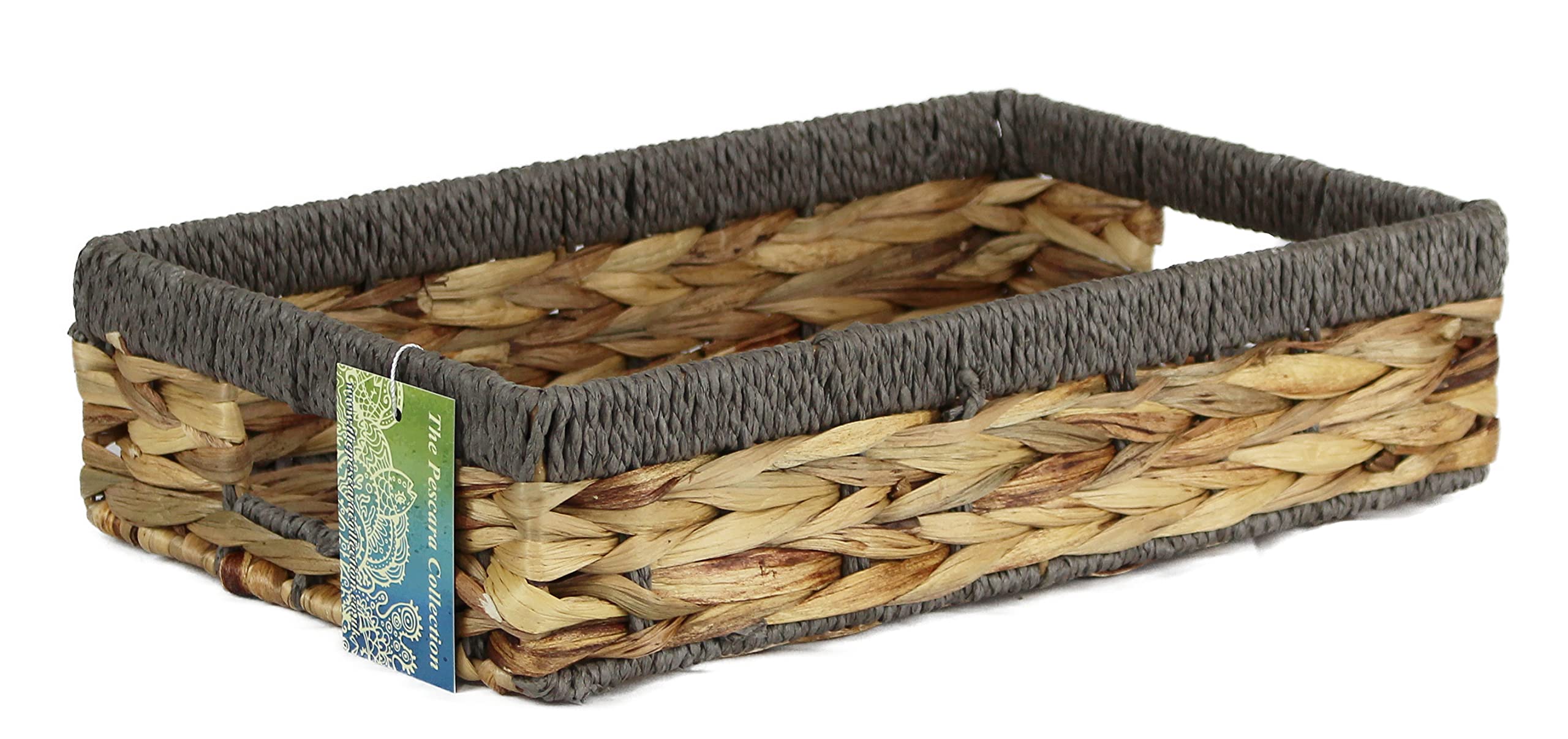 Shallow Rectangular Water Hyacinth baskets. Natural baskets light colour and with grey edges. Open trays for storage of paper, toys or books and magazines (37cm, Grey Edge)