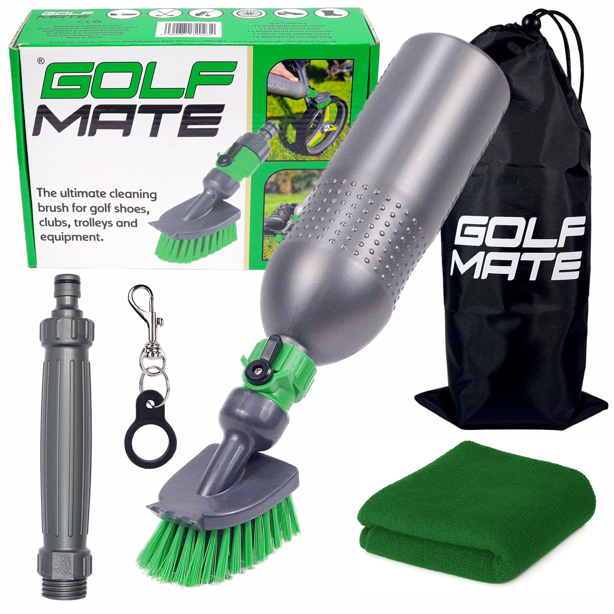 Golf Mate - Ultimate Cleaning Kit for Golf Shoes, Clubs & Outdoor Gear - Easy-to-Use, Garden Hose Compatibility - Heavy-Duty 500ml Bottle, Waterproof Bag & Microfiber Cloth
