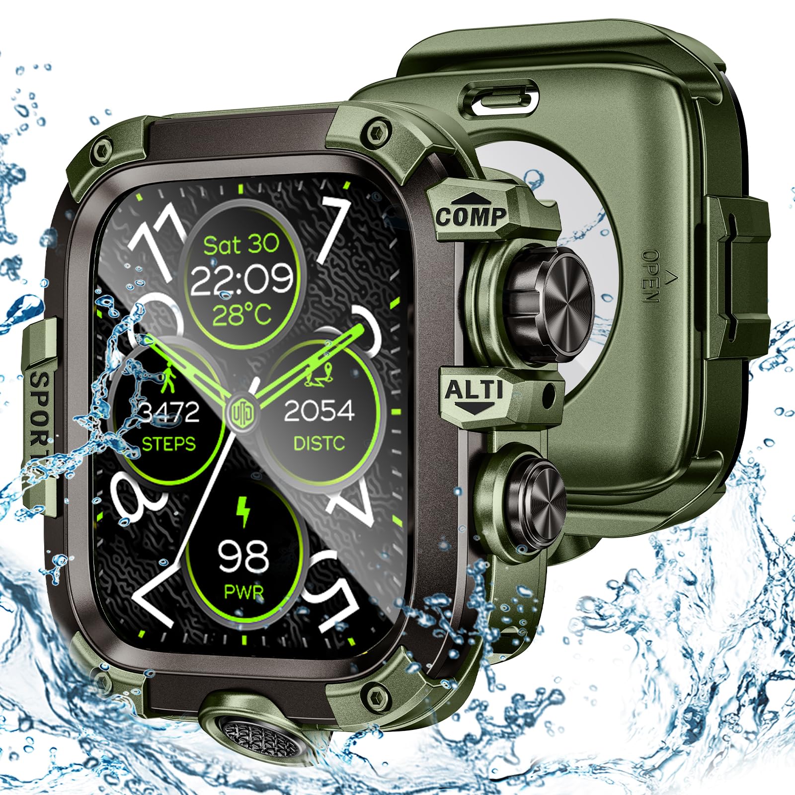 3 in 1 Goton Metal PC Case for Apple Watch Screen Protector 44mm, 360° Protective Rugged Tempered Glass Waterproof Face Cover Bumper for Apple Watch SE 3/SE 2/SE, Sereies 6/5/4, 44mm Green