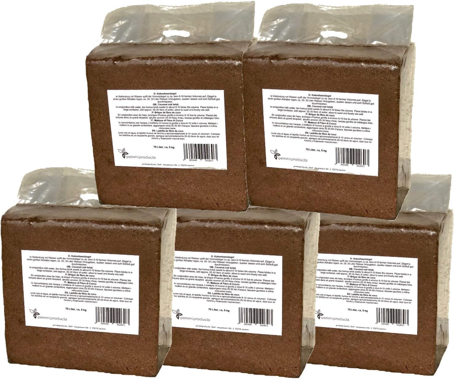 Coco coir brick 5 x 70 (350) liters, approx. 5 kg (£ 0.20 per liter), humus brick, peat-free potting soil, made from pressed coconut fiber, for terrariums
