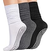 3 Pairs Grip Pilates Socks for Women Yoga Scrunch Socks with Grips for Barre Workout Hospital Long Slouch Sock