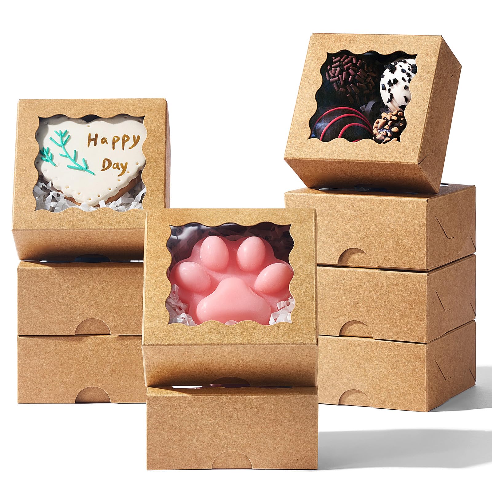 Photo 1 of SLShePack 3.2x3.2x1.5 Inches 100PCS Chocolate Truffle Boxes Mini Bakery Boxes with Window for Cookies,Soap,Donut, Macaron,Brownie(Brown)