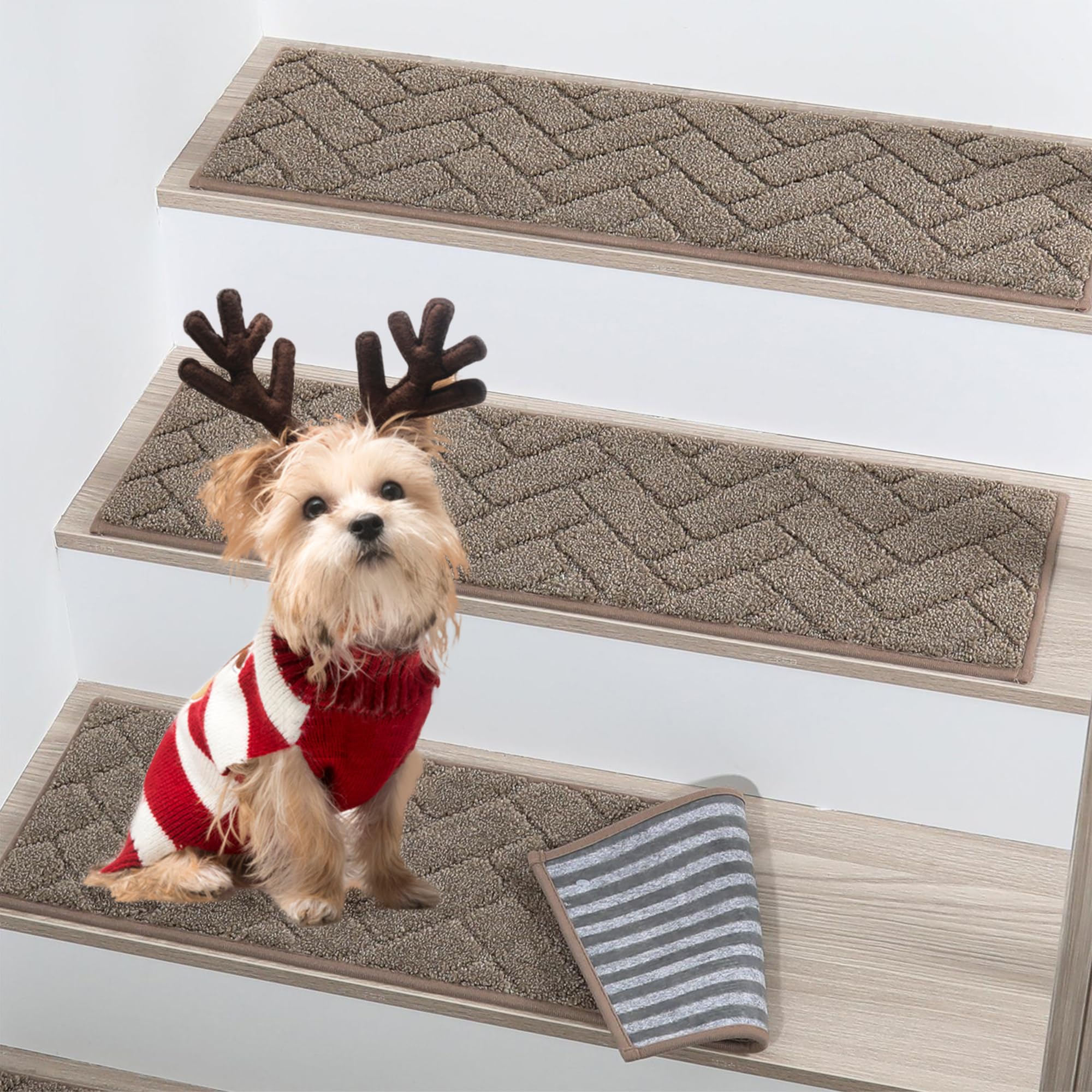Photo 1 of BEQHAUSE Stair Treads Non Slip Stair Runners Step Carpet Mat for Wooden Steps Indoor Machine Washable 28inX9in Edging Polyester Soft Stair Rugs for Kids Elders Pets with TPE Backing(Beige,4pcs)
