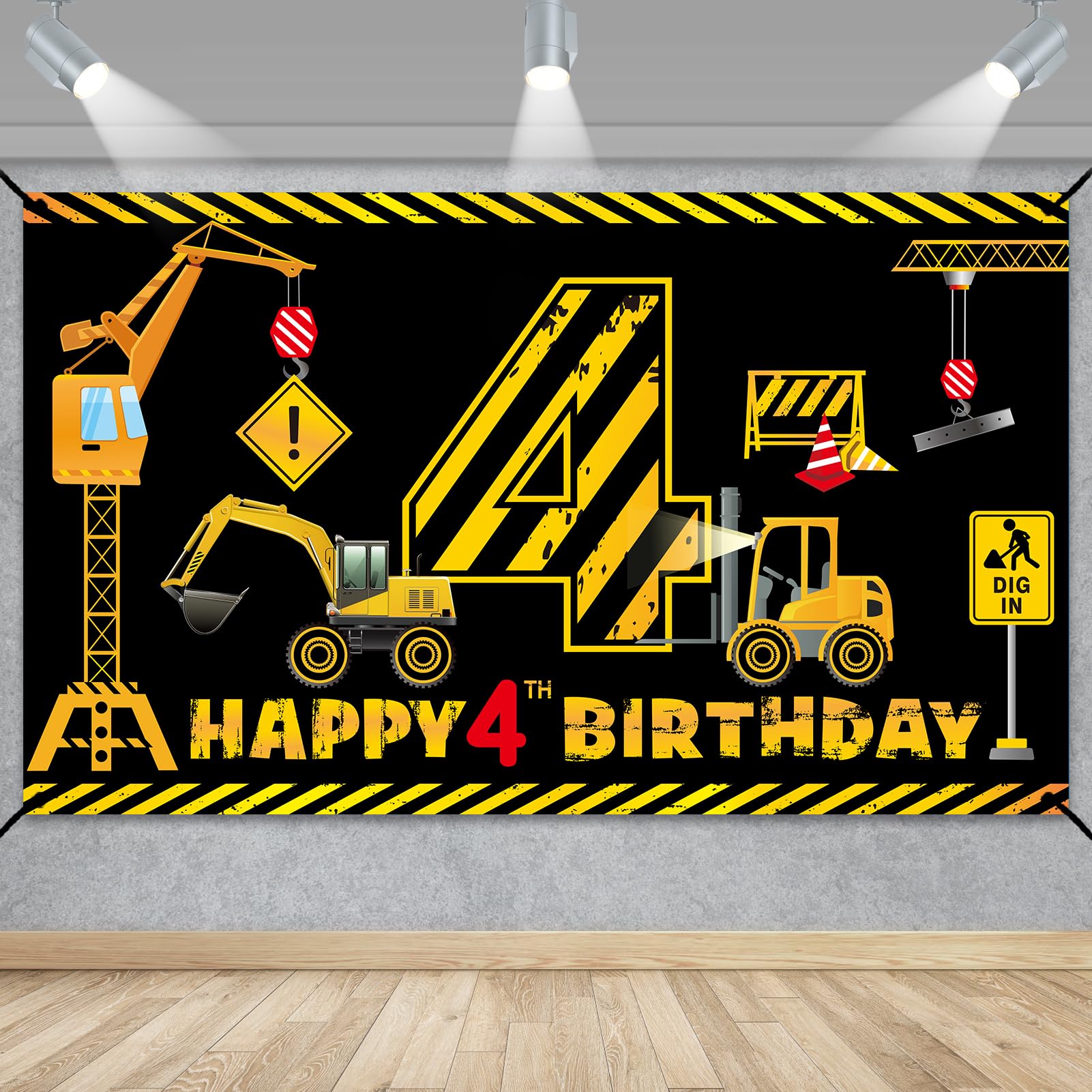 Photo 1 of 4th Birthday Decorations for Boys, Excavator Dump Truck Theme Four Birthday Banner Decorations Digger 4 Year Old Bday Banner Backdrop Party Supplies Sign