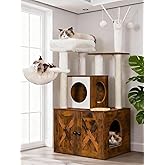 Heybly Cat Tree, Wood Litter Box Enclosure with Food Station, All-in-one Indoor Cat Furniture with Large Platform and Condo, 