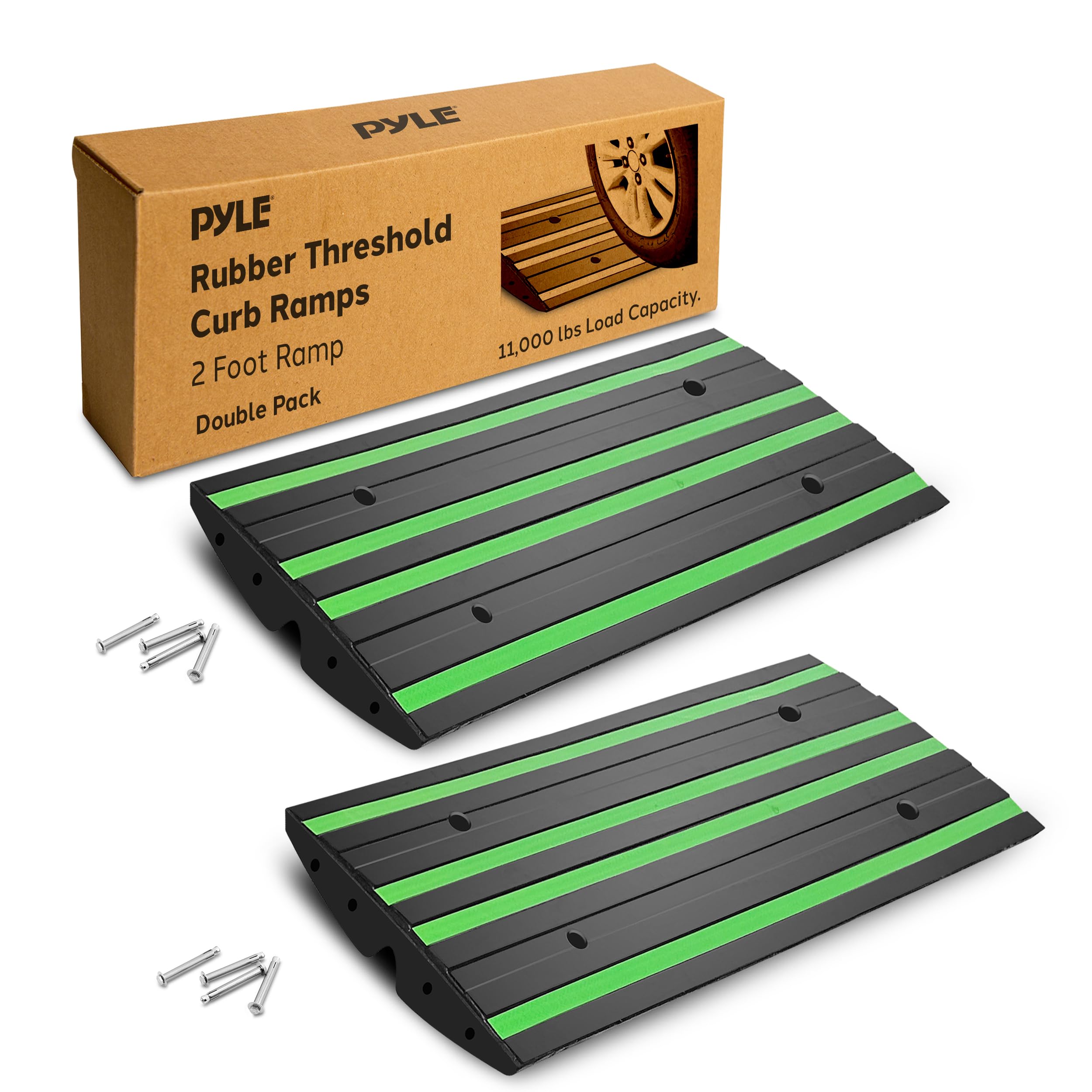 Photo 1 of ***HEAVILY USED AND DIRTY - SEE PICTURES***
Pyle 2 Ft. Rubber Threshold Curb Ramp Set, Green Reflective Strip for Driveways, Non-Slip Marine Grade Rubber, Pack of 2 Heavy Duty Car Ramps for Trucks, RVs, Forklifts, 24.0’’x 16.0’’ x 2.6’’ Inches