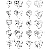 Florideco Clip on Earrings for Women 14K Gold Plated Cubic Zirconia Clip On Stud Earrings Non-Pierced Twist Knot Simulated Pearl Heart Earring Set