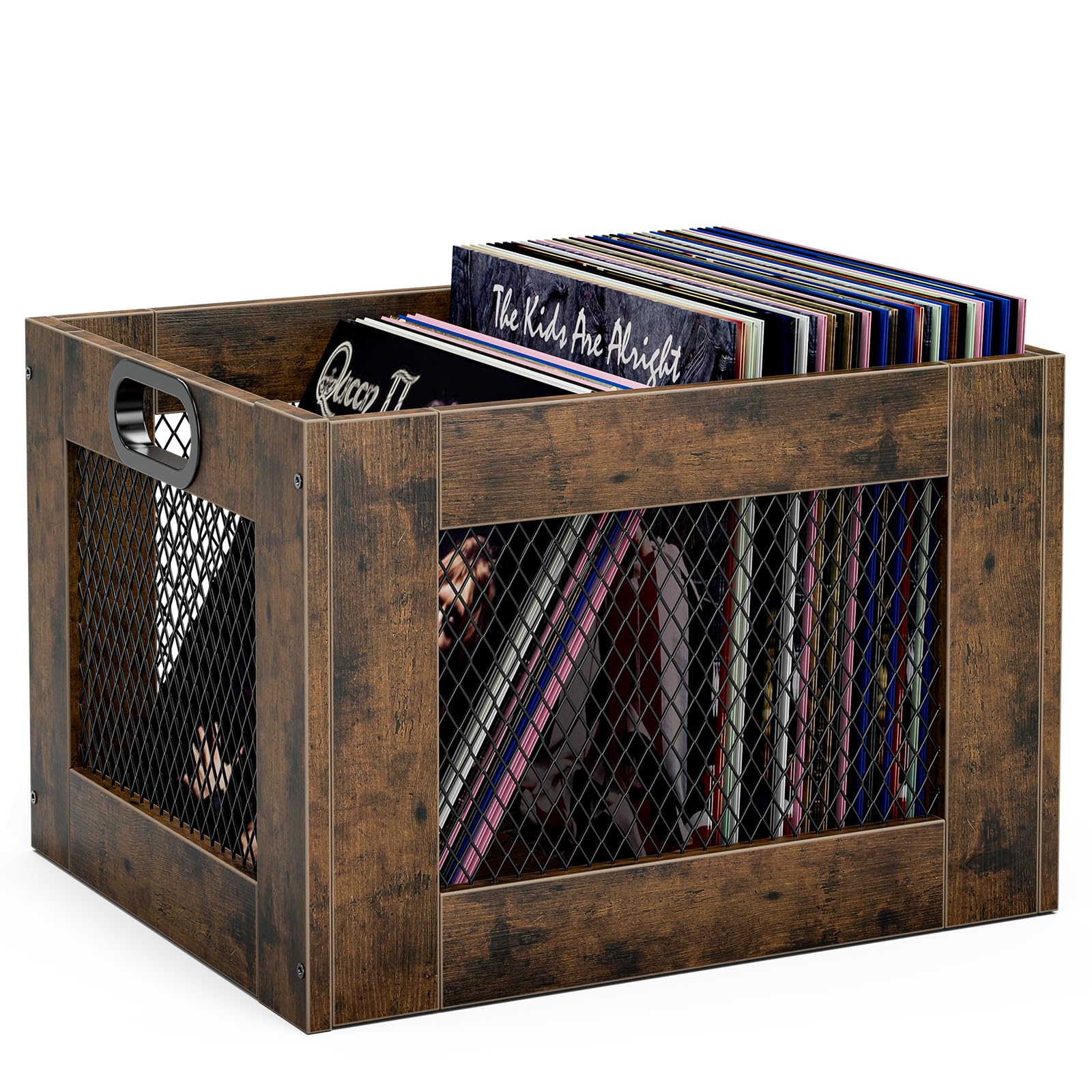 Photo 1 of TEMI Vinyl Record Storage Crate – Large Wooden Record Holder for 70+ Albums – Industrial-Style Record Organizer and Durable Record Storage Solution for Home or Studio, Easy to Assemble