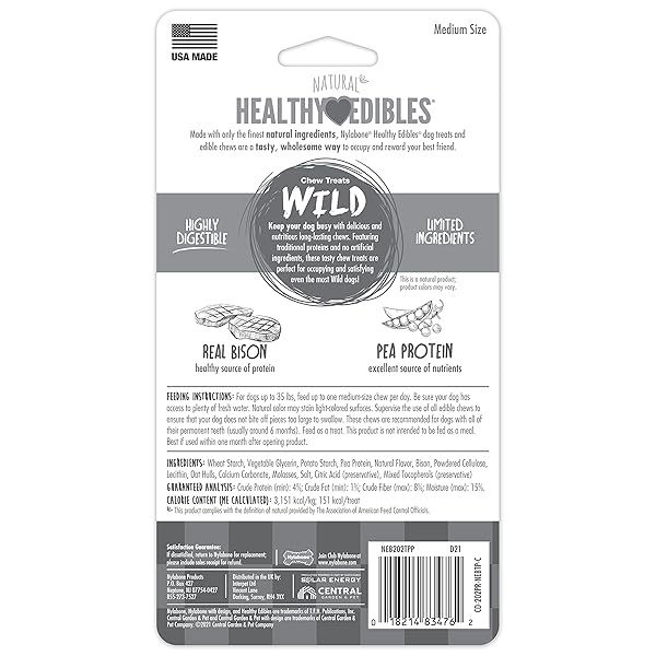 NYLABONE HEALTHY EDIBLES WILD NATURAL DOG CHEWS, LONG LASTING BONES FOR DOGS, BISON FLAVOR DOG TREATS, MEDIUM (2 COUNT)