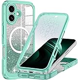 Hekodonk for iPhone 17 Case,Compatible with Magsafe [Built-in Tempered Glass Screen Protector & Camera Lens Protection] Full Body Shockproof Protective Women Girl Bling Case,Green