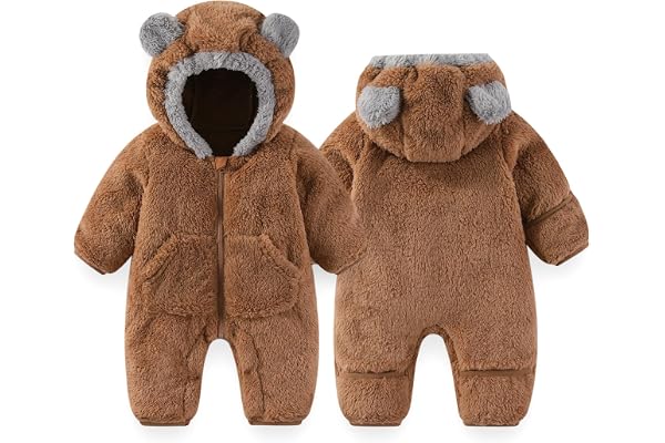 AiWMGL Baby Fleece Bear Hooded Snowsuit Winter Warm Romper | Cozy fleece suit with fold-over mittens and footies. Cute bear h