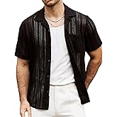 VATPAVE Mens Summer Lace Shirts See Through Sheer Shirts Casual Short Sleeve Button Down Beach Shirts