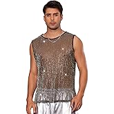 Lars Amadeus Glitter Sheer Tank Top for Men's Party See Through Sparkly Sleeveless Metallic Mesh Vest