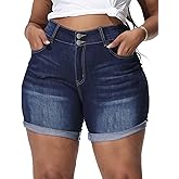Gocolloa Womens Plus Size Jean Shorts Stretchy High Waisted Distressed Fold Hem Denim Shorts