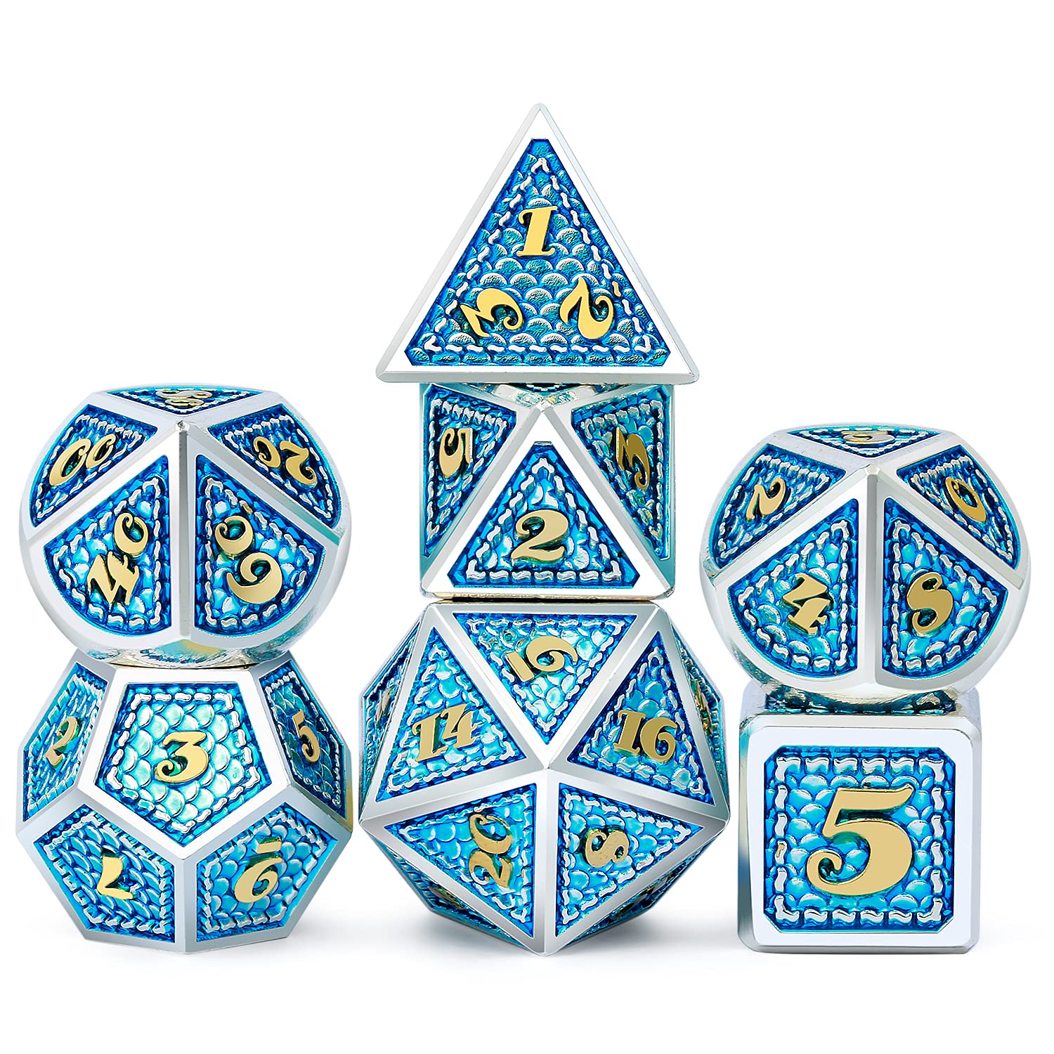 NaturalOne Dungeons and Dragons 7 Piece Solid Metal Dice set with Azure Scales, Silver Edges and Gold Numbers for D&D, Tabletop RPG Adventures and DND Games