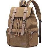 DTGN Vintage Canvas Backpack for Men & Women, Durable Casual Daypack with Leather Accent, Fits for College, Work, Travel, & Outdoor, Brown