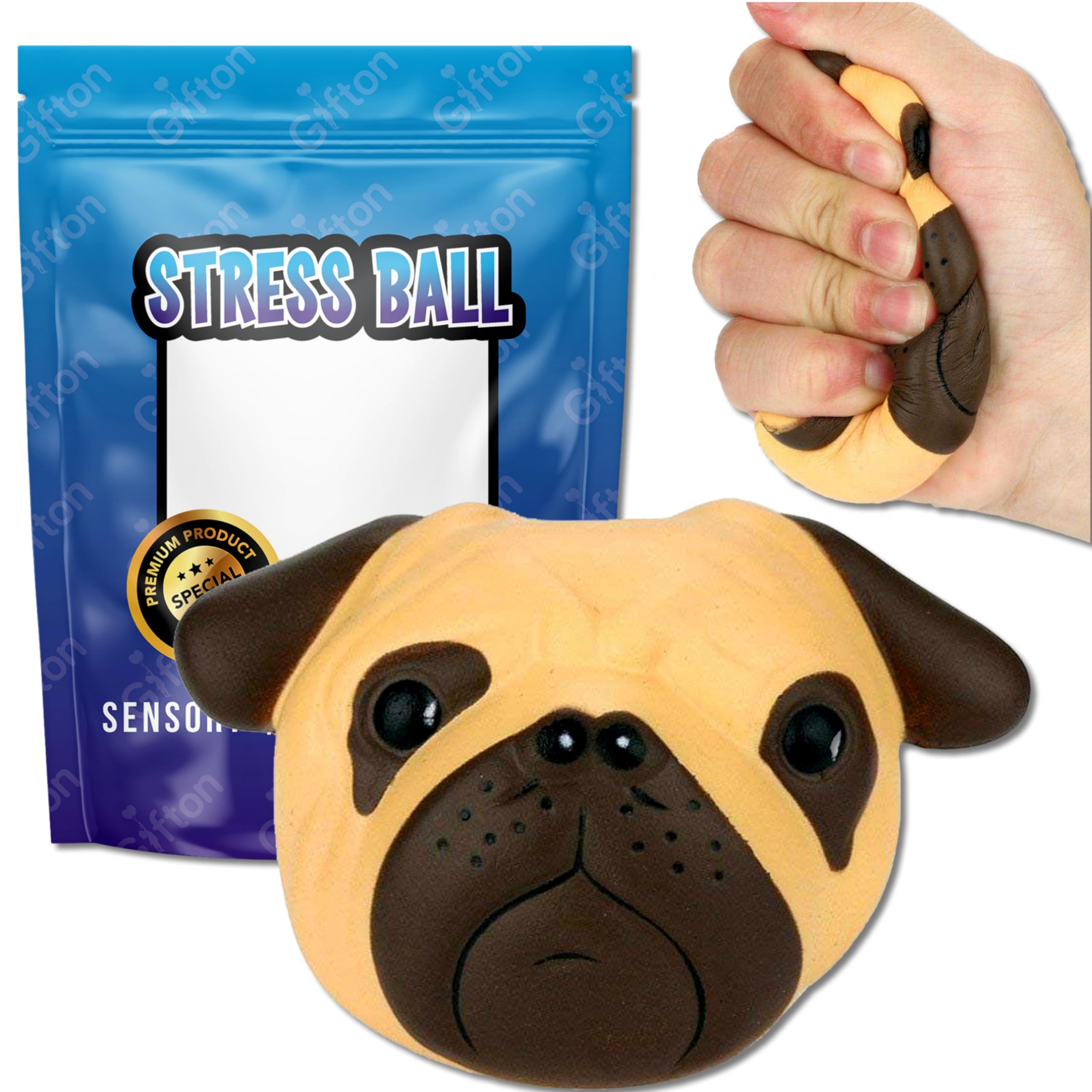 Gifton - Stress Ball Pug Dog - Sensory Squeeze Squishy DNA Stress Relief Fidget Toy for Anxiety Autism Bad Habits - Gift for Kids Boy Girl - Present for Adults Men Women - Christmas Stocking Filler