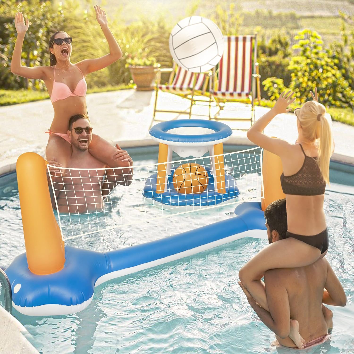 HOOJO Inflatable Pool Games Pool Volleyball Set & Basketball Hoop, Pool Toys for Teens and Adults, 2-Balls Swimming Pool Toys with Volleyball Court(105''x35''x28'' ) & Basketball (27''x27''x23): Toys & Games