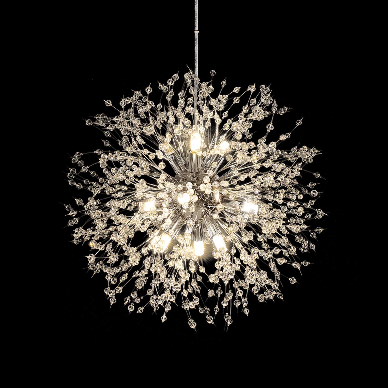 HUOKU Chandelier Modern Crystal Pendant Lighting,Chrome Dandelion Firework Chandelier,Ceiling Pendant Lamp for Dining Room, Bedroom, Kitchen, Living Room(9-Lights,Dia 23.5 Inch)