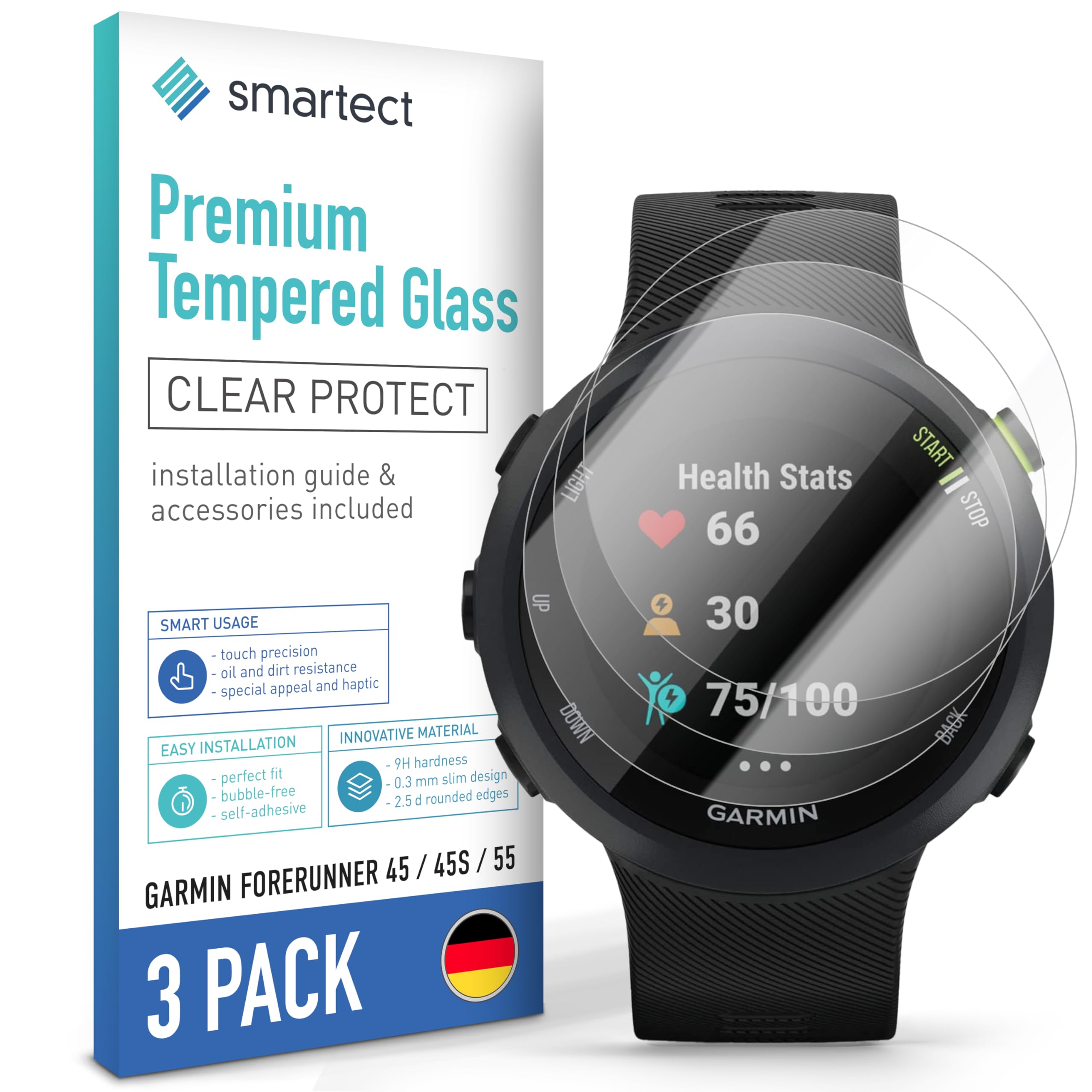 smartect Glass Screen Protector [3 Pieces, Ultra-Clear] for Garmin Forerunner 45 / 45s / 55, HD Protective Film Anti Scratch, Bubble Free, 9H Hardness, Ultra Resistant