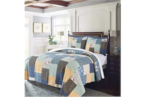 KASENTEX Authentic 100% Cotton Easy-Clean Contemporary Multi-Print Quilt, Embroidery Square Patch Design, Full/Queen 90x96”, Printed Multi-Blue Oversized Bedding Bedspread