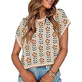 ZESICA Womens Floral Sweater Vest Summer Short Sleeve Crew Neck Cute Loose Knit Tops 2026 Trendy Clothes Outfits